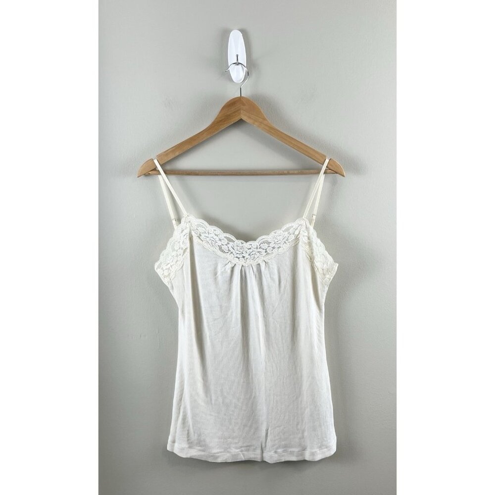 Y2K Women’s Lace Trim Camisole Tank Top Ivory Adjustable Strap Sz Lg Lyocell